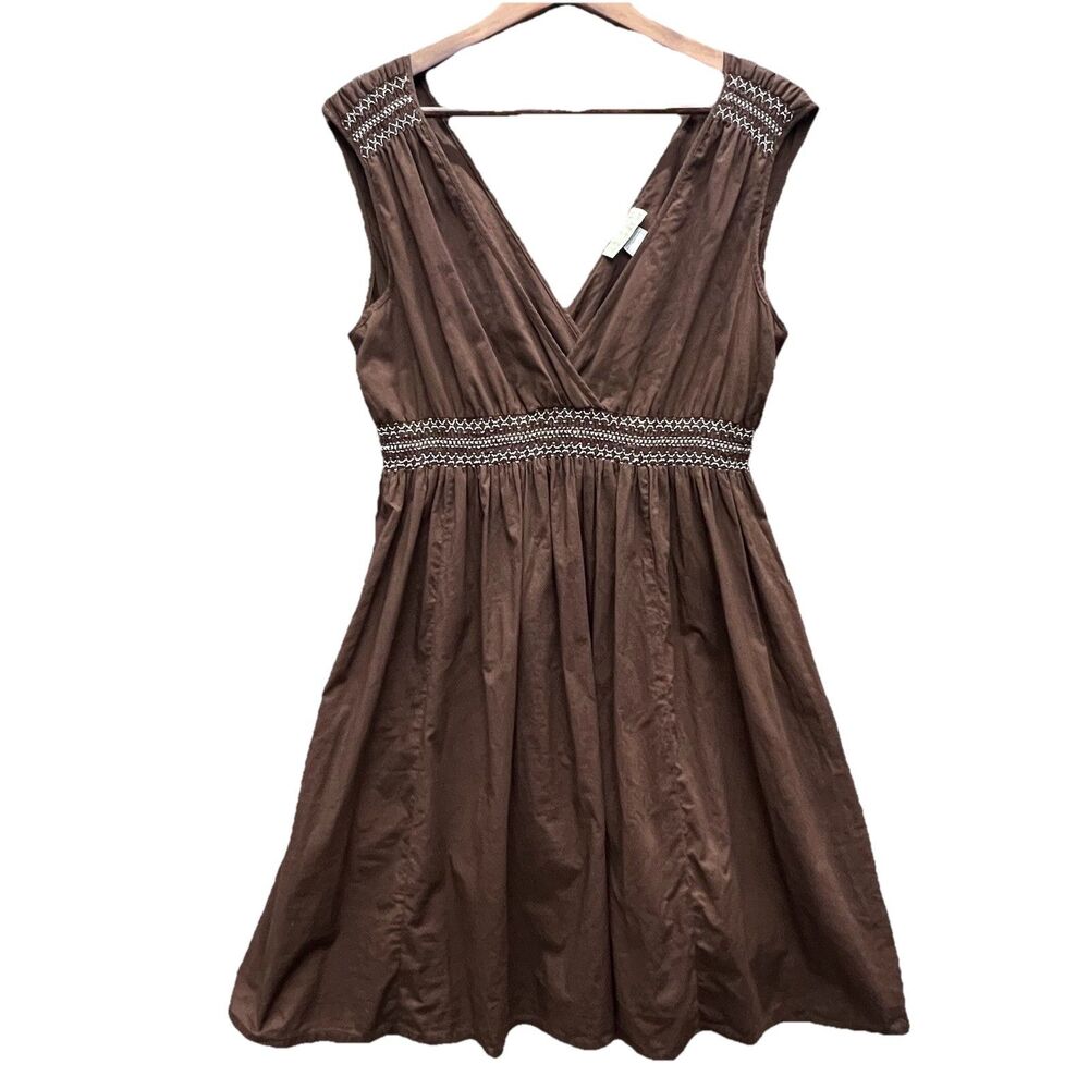Brown Cotton Sundress L Smocking Vneck Y2K A-line